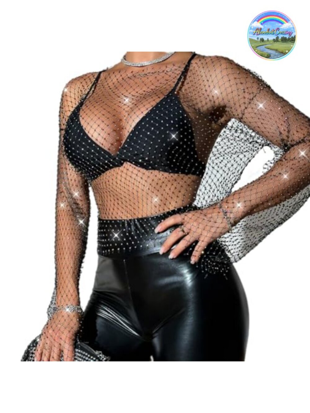 Rhinestone Fishnet Crop Top Long Sleeve Mesh Cover Up Rave Party